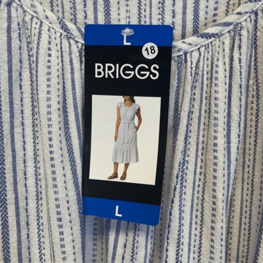BRIGGS Linen Blend Midi Dress L Blue Striped Flutter Sleeve Belted NWT Coastal